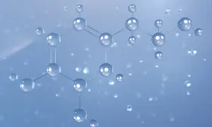 Molekularna struktura, przypominająca tę, którą tworzy cetearyl alcohol w kosmetykach, na błękitnym tle z kropelkami.