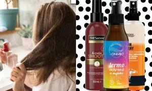 Kobieta aplikuje spray na włosy. Obok trzy produkty: TRESemmé, OnlyBio i Salon Professional, wszystkie z funkcją ochrony termicznej.
