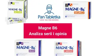 Różne opakowania Magne B6: Active, Skurcz, Max i Cardio. Suplement magnez bez witaminy B6, ale z dodatkami.