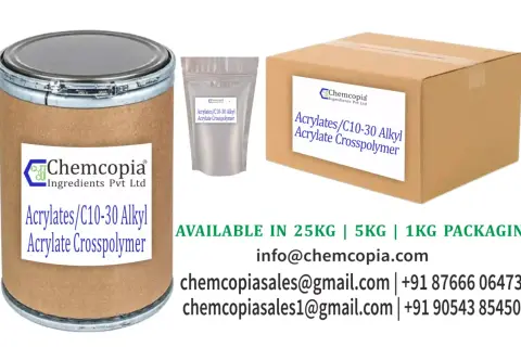 Beczka, worek i karton z produktem Acrylates/C10-30 Alkyl Acrylate Crosspolymer od Chemcopia. Dostępne opakowania 25kg, 5kg, 1kg.