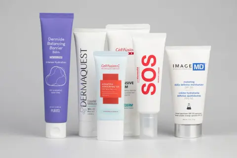 Kremy do twarzy po kwasach: Dermide Balancing Barrier Balm, Cell Fusion C Aquatica Sunscreen 100, pHformula SOS Repair Cream, Image MD Restoring Daily Defense Moisturizer.