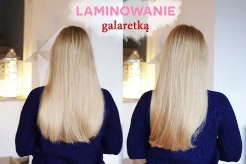 Efekt laminowania włosów żelatyną: porównanie przed i po. Włosy są gładkie, lśniące i zdrowsze.