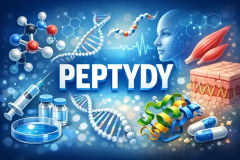 Peptydy w kosmetykach: nauka o młodości. Molekuły, DNA, skóra, mięśnie i kapsułki symbolizują potencjał peptydów.