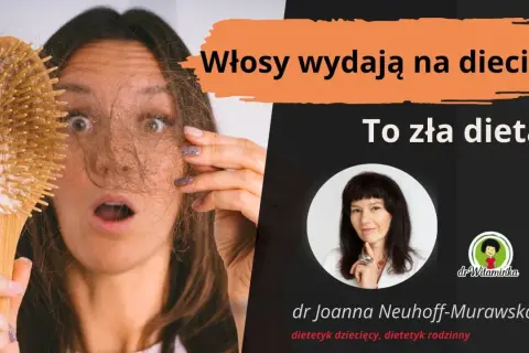 Zaskoczona kobieta trzyma szczotkę z garścią włosów. "Włosy wypadają na diecie? To zła dieta!" - sugeruje tekst.