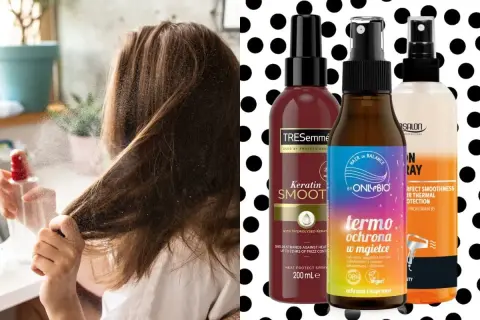 Kobieta aplikuje spray na włosy. Obok trzy produkty: TRESemmé, OnlyBio i Salon Professional, wszystkie z funkcją ochrony termicznej.