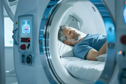 Mężczyzna śpi w komorze hiperbarycznej, czekając na pozytywne efekty terapii tlenowej.