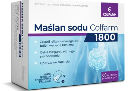 Maślan sodu Colfarm 1800 na zespół jelita drażliwego, bóle i wzdęcia brzucha. Pomaga przy biegunkach i zaparciach. 60 tabletek.