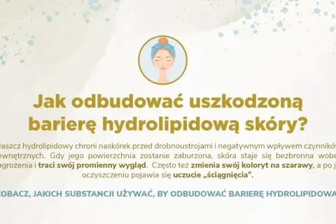 Ilustracja przedstawia kobietę z opaską na włosach. Tekst informuje, jak odbudować uszkodzoną barierę hydrolipidową skóry, która chroni przed czynnikami zewnętrznymi.