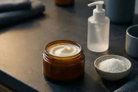 Krem z mocznikiem (urea co to) w słoiczku, obok miseczka z solą i dozownik.