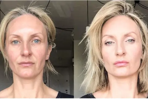 Porównanie twarzy 40-latki przed i po makijażu. Po prawej stronie widać, jak powinna wyglądać twarz 40-latki z subtelnym podkreśleniem urody.