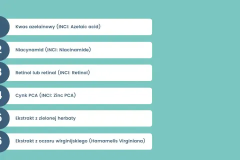 Lista kluczowych składników aktywnych w kosmetykach: kwas azelainowy, niacynamid, retinol, cynk PCA, ekstrakt z zielonej herbaty i oczaru wirginijskiego.