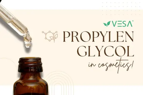Kropla płynu z pipety spada do buteleczki. Tekst informuje, co to jest glikol propylenowy w kosmetykach.
