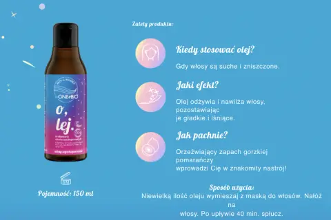 Olej do włosów wysokoporowatych OnlyBio. Odżywia, nawilża i nadaje blask. Zapach gorzkiej pomarańczy. Pojemność 150 ml.