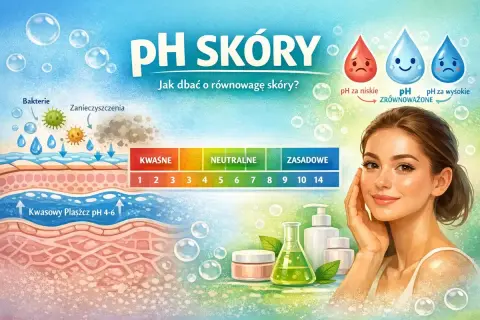 Ilustracja przedstawia przekrój skóry, skalę pH, krople o różnym pH i uśmiechniętą kobietę.