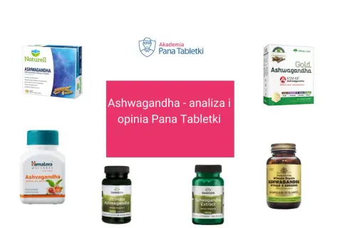 Różne opakowania suplementów z ashwagandhą, w tym od Naturell, Olimp Labs, Himalaya, Swanson i Solgar. Analiza i opinia Pana Tabletki.