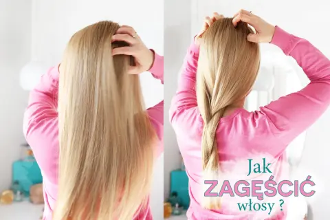 Jak zagęścić włosy? Długie, blond włosy zaplecione w luźny warkocz. Po lewej - rozpuszczone, po prawej - zaplecione.