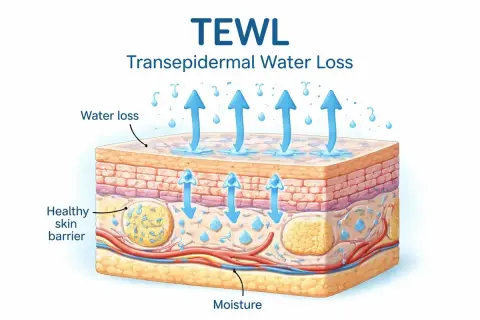 Ilustracja pokazuje TEWL (Transepidermal Water Loss) – utratę wody przez skórę. Strzałki wskazują parowanie wody z naskórka, a pod nim widać warstwy skóry z naczyniami krwionośnymi i tkanką tłuszczową.