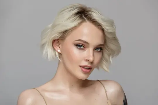 Blondynka z subtelnym makijażem, podkreślającym jej niebieskie oczy. Rzęsy efekt otwartego oka dodają spojrzeniu głębi.