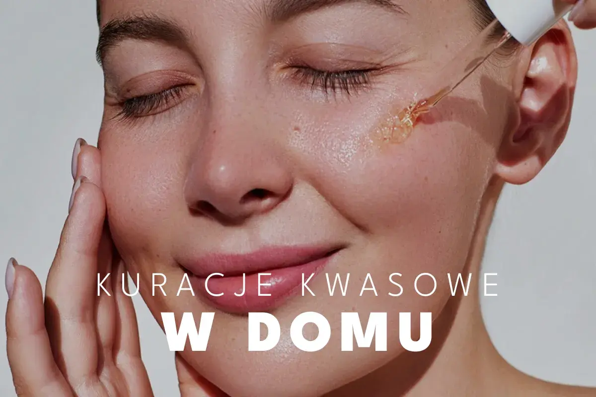 Delikatna skóra twarzy z kroplą serum. Kuracje kwasowe w domu dla promiennej cery.