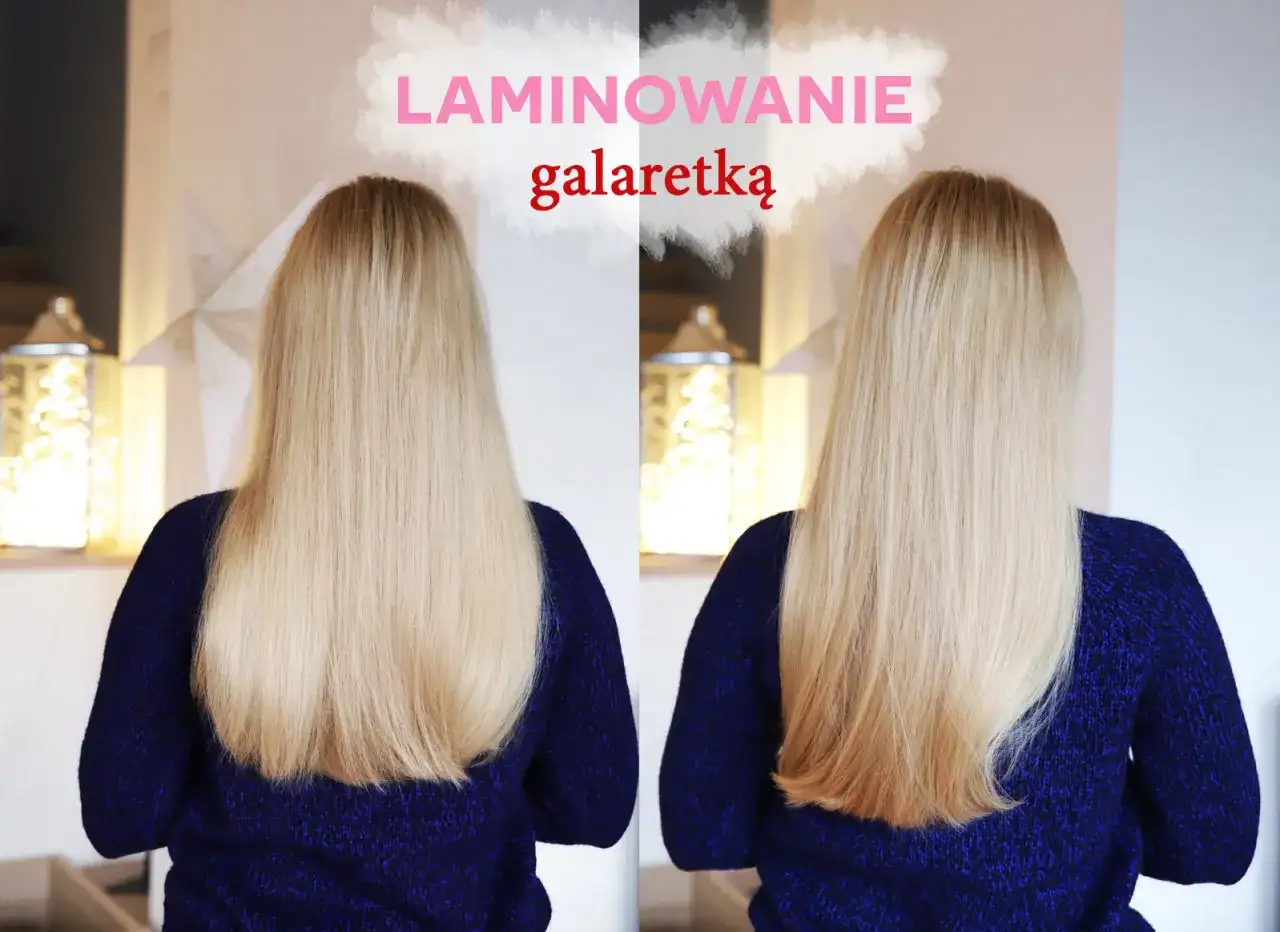Efekt laminowania włosów żelatyną: porównanie przed i po. Włosy są gładkie, lśniące i zdrowsze.