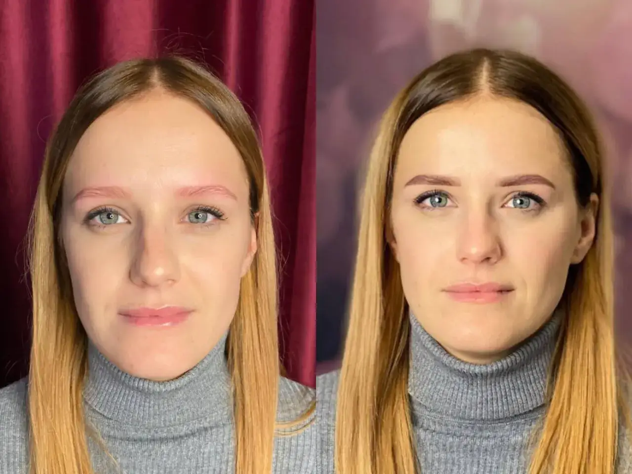 Przed i po: subtelne henna pudrowa efekty dla naturalnie podkreślonych brwi.