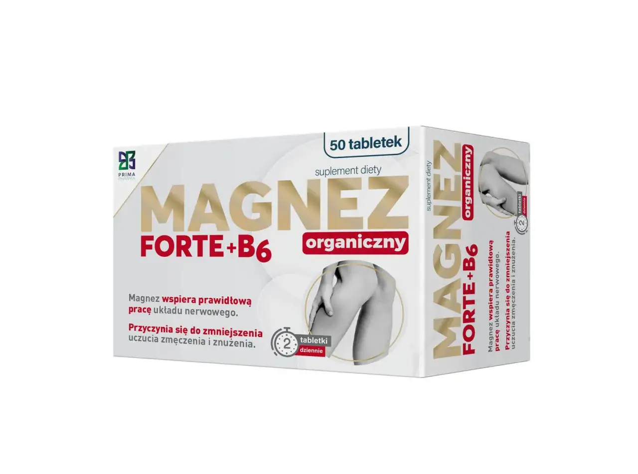 Opakowanie suplementu diety Magnez Forte+B6. Magnez bez witaminy B6 wspiera układ nerwowy i zmniejsza zmęczenie. 50 tabletek.
