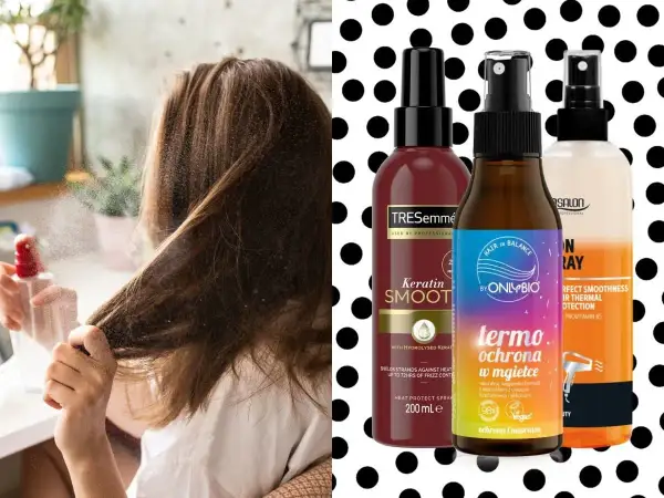 Kobieta aplikuje spray na włosy. Obok trzy produkty: TRESemmé, OnlyBio i Salon Professional, wszystkie z funkcją ochrony termicznej.