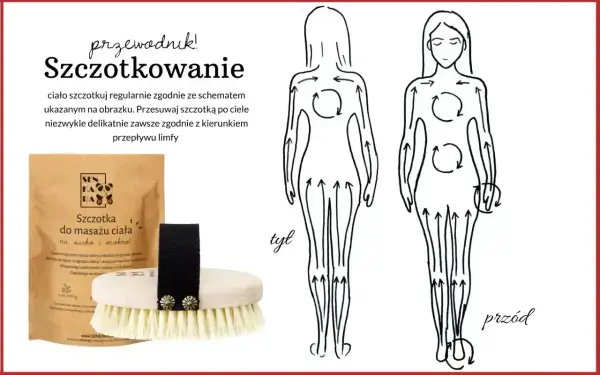 Szczotkowanie na sucho poprawia krążenie i detoksykację. Schemat pokazuje kierunek masażu dla lepszego przepływu limfy.